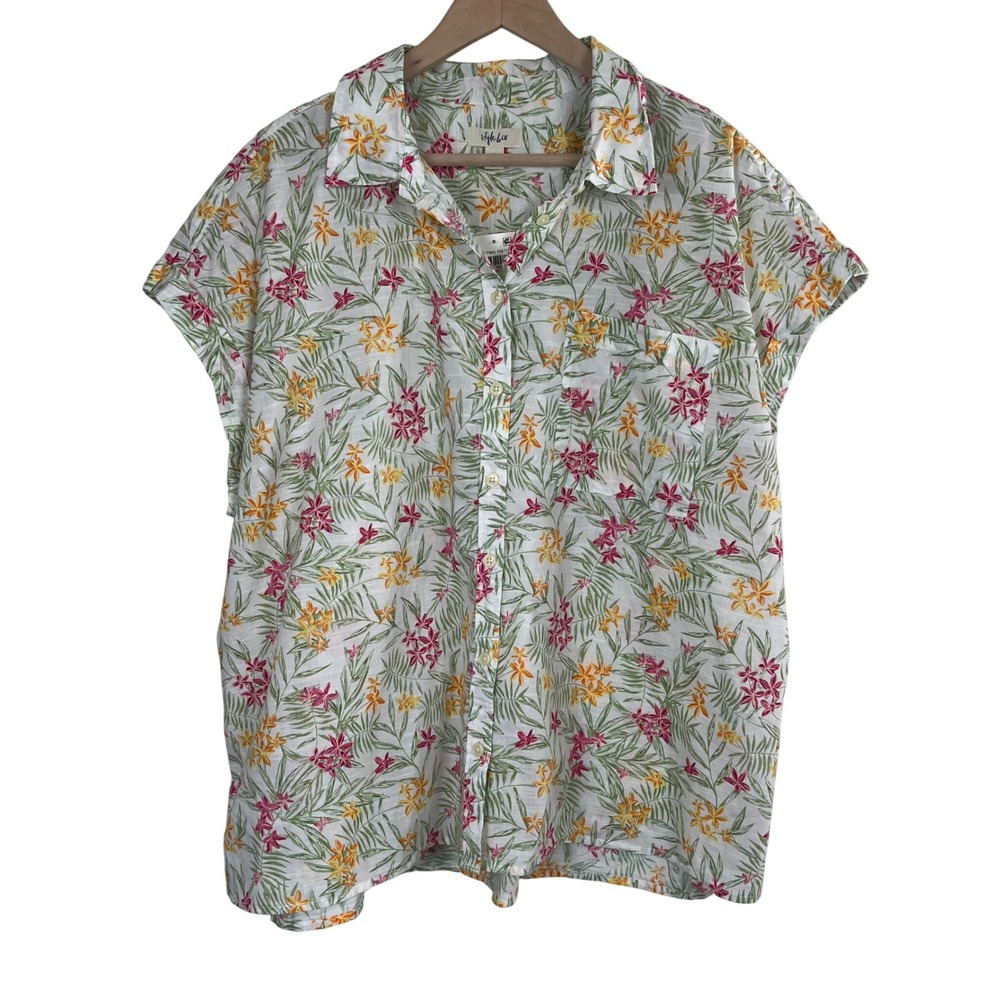 Style &โ Co Womens 3X Tropical Floral Cotton Button Down Shirt Rihanna White NEW
